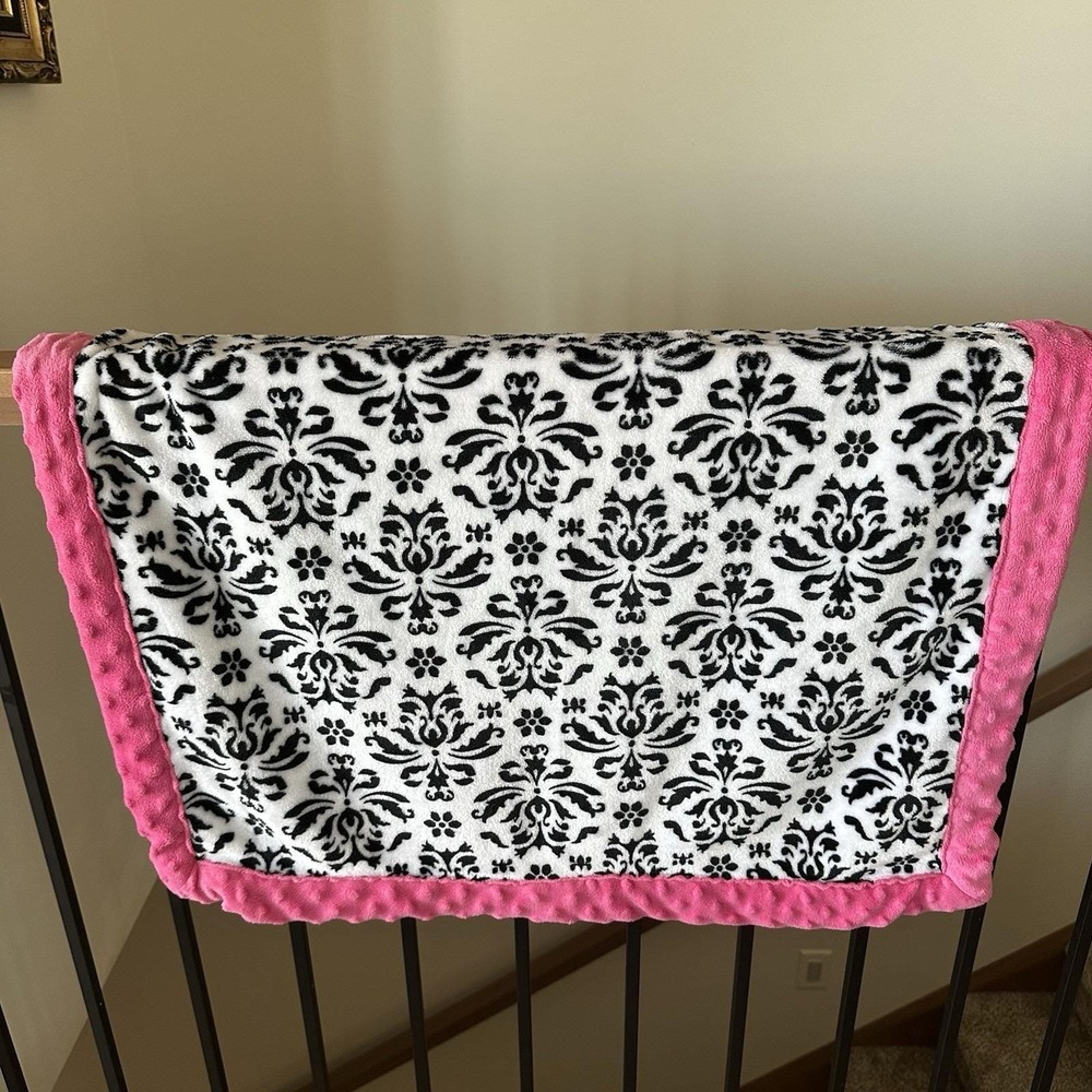 Okie Dokie Damask Baby Blanket Black White Hot Pink Minky Dot Trim Edge 30x40"